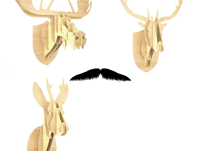 Wooden Animal Wall Decor Deer Head Designs With Black Mustache Accents 3d model