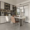 Modern Restaurant Interior With Open Kitchen Cabinets Dining Table Chairs And Natural Light 3d model