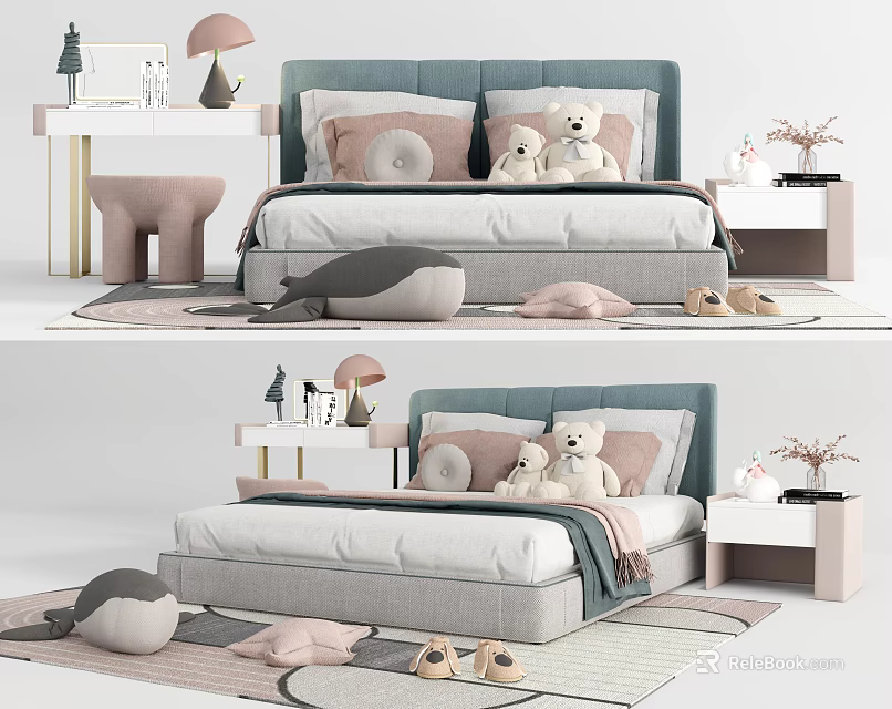 Cozy Double Bed Bedroom Interior With Soft Pillows Teddy Bear And Nightstand Lamp 3d model 