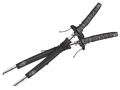 Samurai Swords With Black Scabbards And Wrapped Handles In Crossed Position 3d model