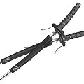 Samurai Swords With Black Scabbards And Wrapped Handles In Crossed Position