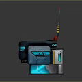 Cartoon Robot With Blue Black Body Yellow Striped Antenna Red Accents Green Lights Futuristic Design