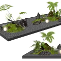 Tranquil Courtyard Garden With Green Ferns Palm Plants Rocks Gravel And Round Lights