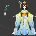 Game Movie Female Character Wearing Traditional Hanfu with Long Hair Floral Ornaments and Flowing Ribbons