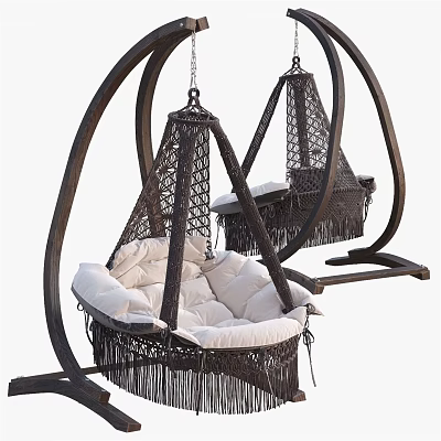 Comfortable Woven Hanging Chairs With Dark Frame And White Cushions Stand Design 3d model