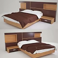 Double Bed with Wooden Headboard Brown Blanket White Sheets and Bedside Table 3d model