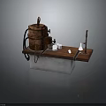 Vintage Copper Distillation Equipment On Wooden Table With Glass Apparatus And Small Containers