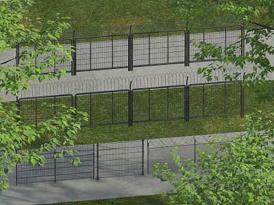 Sturdy Metal Fence With Grass Trees Path And Gate In Residential Area 3d model