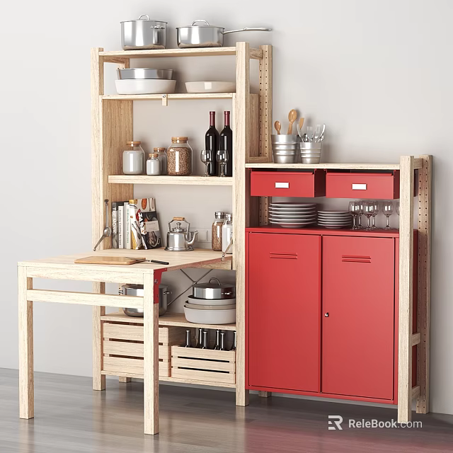Wooden Kitchen Display Shelves With Red Doors Dishes Wine Bottles And Utensils 3d model 