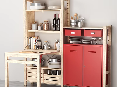 Wooden Kitchen Display Shelves With Red Doors Dishes Wine Bottles And Utensils 3d model