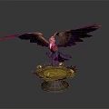 Detailed 3D Model of Colorful Flying Bird with Spread Wings and Golden Pedestal