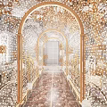 Luxurious Banquet Hall With Golden Floral Decor Ornate Archway White Tables and Chairs Marble Floor