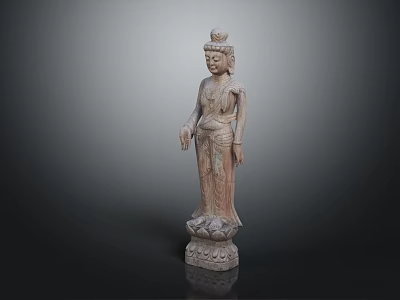 Ancient Standing Stone Buddha Statue Featuring Intricate Carved Details On Lotus Base 3d model