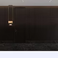 Hotel Corridor Interior With Dark Wooden Walls Room Number 208 Hanging Light And Marble Flooring