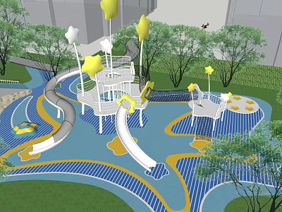 Fun Children's Play Area With Slides Star Shaped Decorations Blue Yellow Ground And Trees 3d model