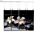 Five Vertically Hung Plant Paintings with Pink Plumeria Flowers Dark Background Water Droplets and Stones