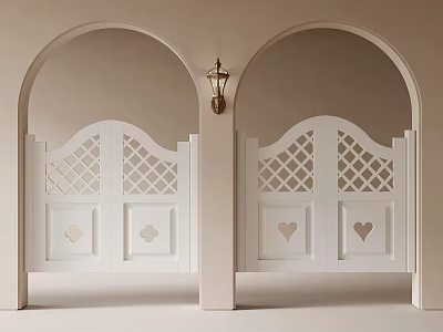 White Doors With Lattice Pattern And Heart Decorations In Arched Doorways 3d model