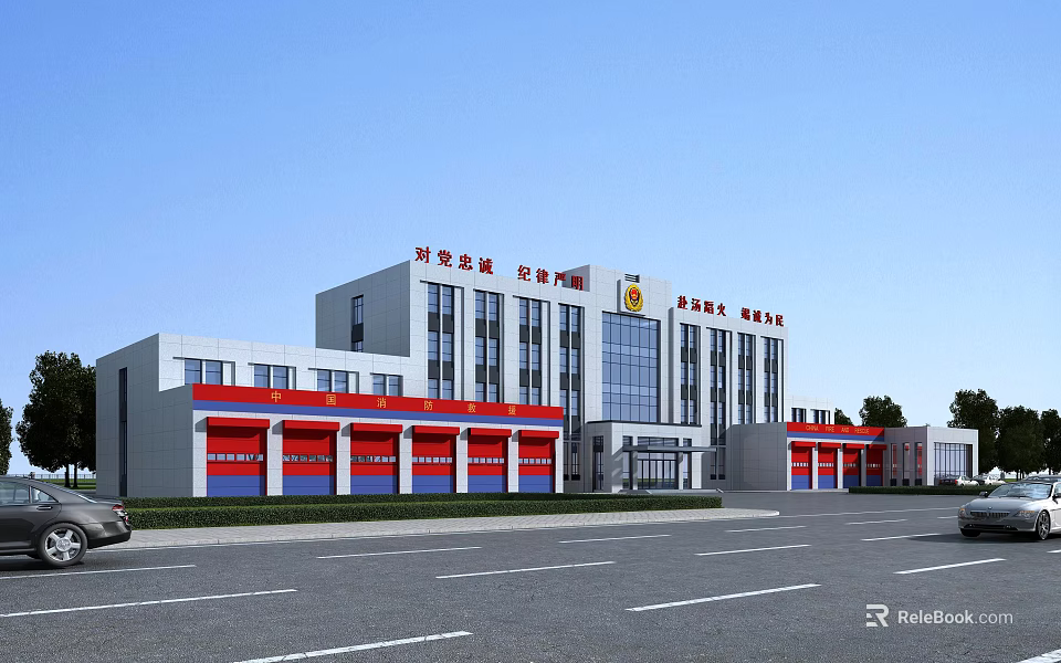 Modern Fire Station Exterior With Red Garage Doors And Large Glass Windows 3d model 