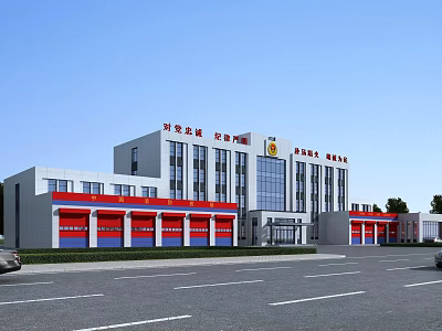 Modern Fire Station Exterior With Red Garage Doors And Large Glass Windows 3d model