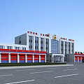 Modern Fire Station Exterior With Red Garage Doors And Large Glass Windows