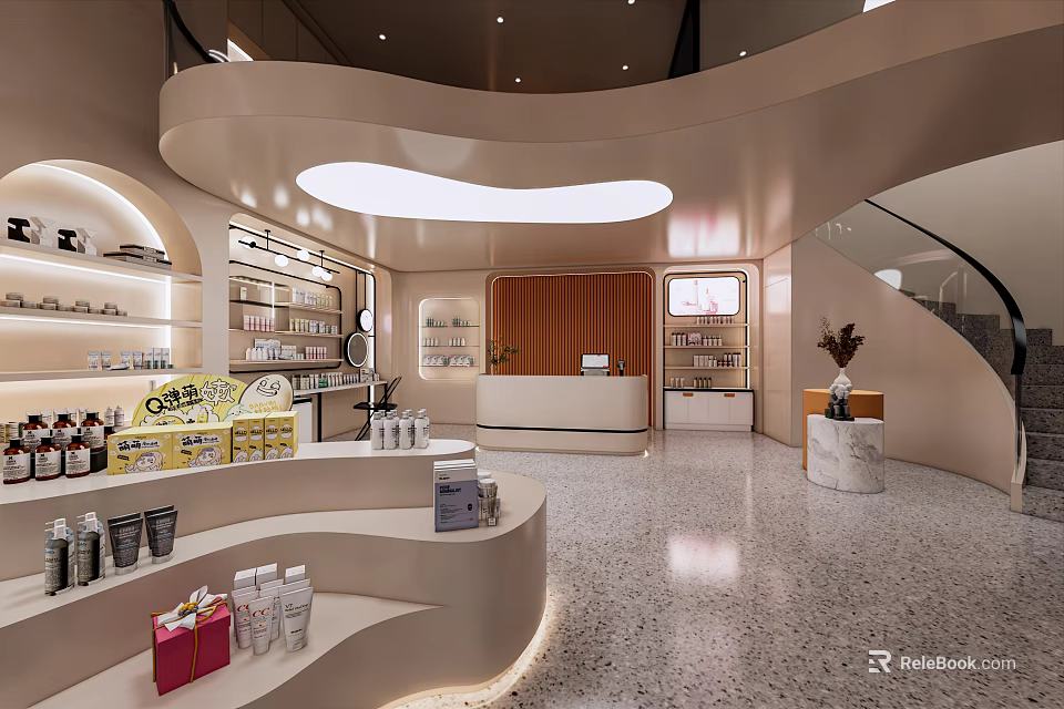 Elegant Modern Boutique Store With Curved Design Open Space Product Shelves And Marble Countertop 3d model 