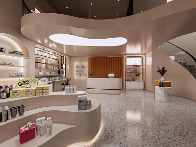Elegant Modern Boutique Store With Curved Design Open Space Product Shelves And Marble Countertop 3d model