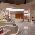 Elegant Modern Boutique Store With Curved Design Open Space Product Shelves And Marble Countertop