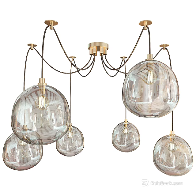 Elegant Modern Chandelier Featuring Multiple Transparent Glass Balls and Brass Frame 3d model 