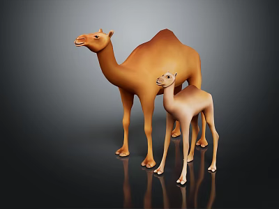 Brown Adult Camel With Baby Camel Standing On Dark Background With Reflection 3d model