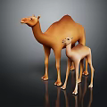 Brown Adult Camel With Baby Camel Standing On Dark Background With Reflection