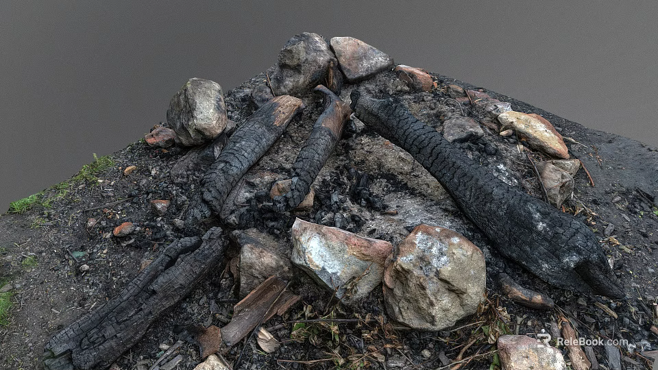 Burnt Wood And Natural Stones In Campfire Remains With Ash On Ground 3d model 