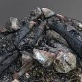 Burnt Wood And Natural Stones In Campfire Remains With Ash On Ground