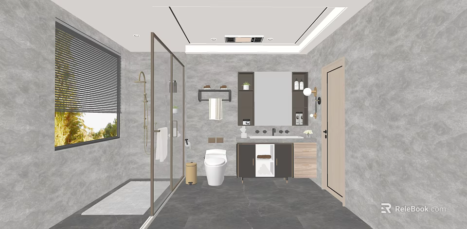 Modern Bathroom Interior Design With Glass Shower Gray Tiles Toilet Vanity Mirror And Blinds 3d model 