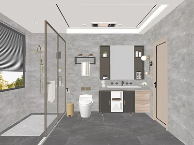Modern Bathroom Interior Design With Glass Shower Gray Tiles Toilet Vanity Mirror And Blinds 3d model