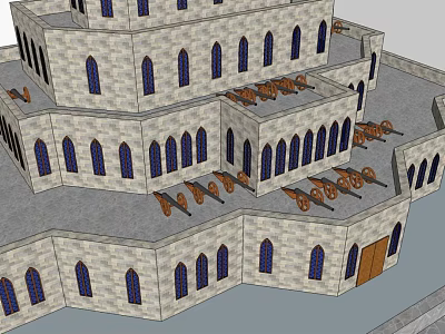 Ancient Style Multi Level Stone Building With Arched Blue Windows And Ornate Decor 3d model