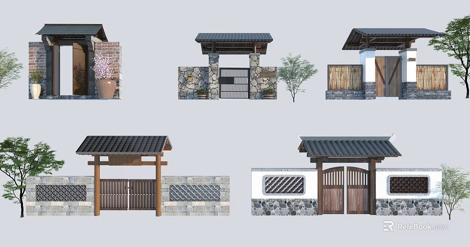 Traditional Chinese Entrance Gate Design With Wooden Structure Stone Walls And Tiled Roof 3d model 