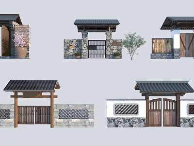 Traditional Chinese Entrance Gate Design With Wooden Structure Stone Walls And Tiled Roof 3d model