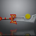 Decorative Sword With Red Circular Handle Yellow Letter E Silver Blade And Ornate Design