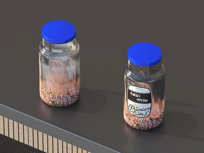 Flavorful Colorful Sprinkles In Transparent Glass Jars With Blue Lids 3d model