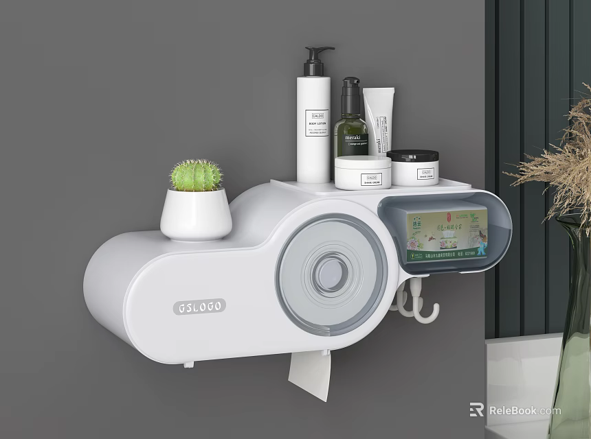 Wall Mounted White Multifunctional Storage Organizer With Toiletries Cactus Plant Tissue Roll And Hook 3d model 