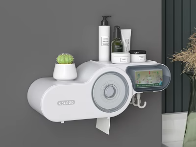 Wall Mounted White Multifunctional Storage Organizer With Toiletries Cactus Plant Tissue Roll And Hook 3d model