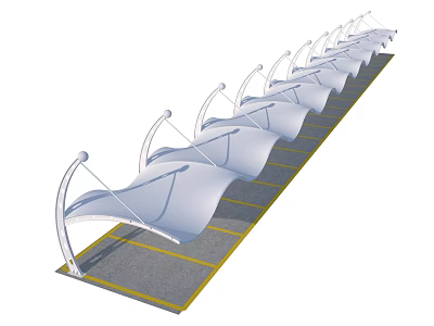 White Curved Shade Canopies Neatly Arranged In Parking Lot With Yellow Lines 3d model