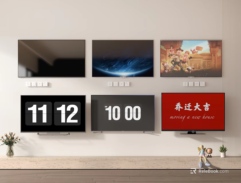 TVs With Diverse Displays Mounted On Modern Living Room Wall 3d model 