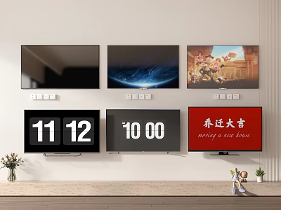 TVs With Diverse Displays Mounted On Modern Living Room Wall 3d model