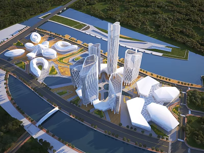 Aerial View Planning of Modern Urban Area With Unique Skyscrapers Waterfront and Greenery 3d model