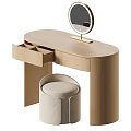 Modern Light Wooden Dressing Table With Round Mirror Drawers And Light Beige Padded Stool