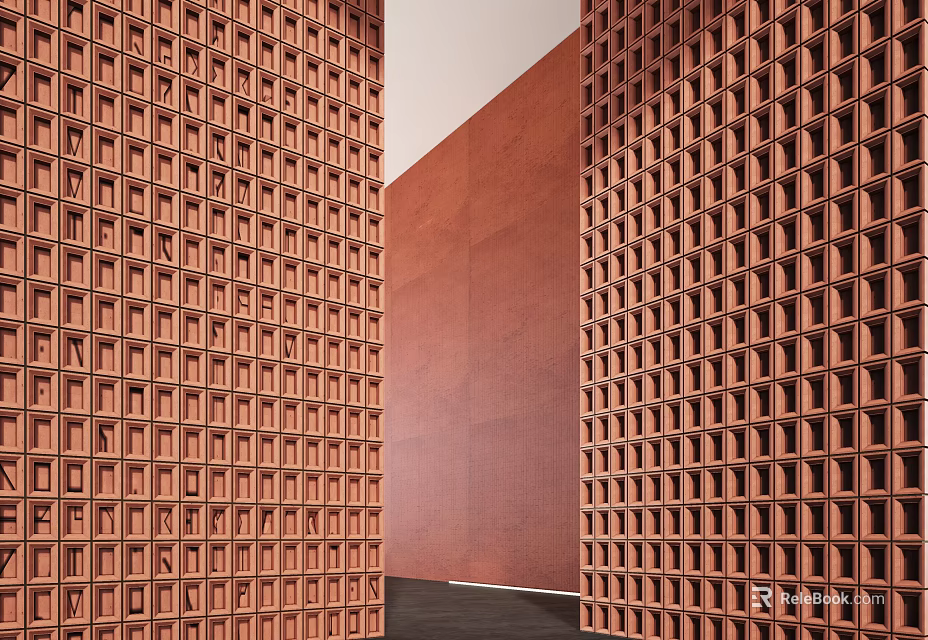Modern Interior Wall Design With Brown Grid Lattice Panels And Smooth Copper Surface 3d model 
