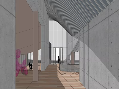 Spacious Elevator Hallway With Concrete Walls Wooden Flooring Large Windows And Natural Light 3d model