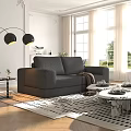 Black Two Seater Sofa In Living Room With Floor Lamp Geometric Rug And Coffee Table