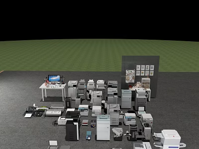 Various Office Equipment Including Printers Computers File Cabinets On Green Grass With Black Background 3d model